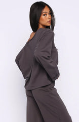 All A Dream Off Shoulder Oversized Long Sleeve Tee Charcoal