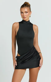 Elodie Mini Dress - Sleeveless Dress Overlay Skirt in Black