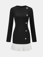 Pleated Hem Panel Asymmetric Metal Detail Mini Dress