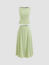 Woven Boat Neck Solid Tank Top & Mid Rise Midi Skirt