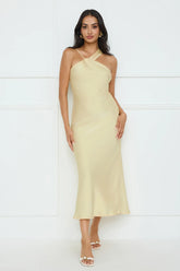WHISPERING PALMS SATIN MIDI DRESS YELLOW