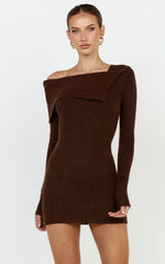Tess Mini Dress - Asymmetric Off Shoulder Long Sleeve Knit Dress in Chocolate