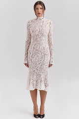 Sophia-Vintage Ivory Lace Fitted Midi Dress