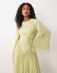 crinkle chiffon gathered maxi dress with micro ruffles in olive green