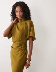 satin high neck blouson maxi dress with flutter sleeve in dark khaki
