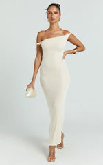 Isabel Midi Dress - Twist Off Shoulder Bodycon Dress in Cream
