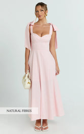 Shoulder Tie Bustier Shirred Back A Line in Pink