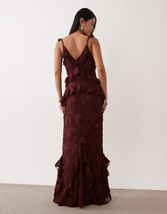 Pretty Lavish devore frill detailing cami maxi dress in mahogany red