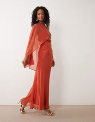 draped batwing asymmetric one sleeve maxi dress in orange
