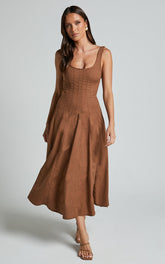 Adelyn Midi Linen Blend Dress - Square Neck Sleeveless A Line Dress in Tobacco