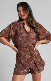 Alofi Shorts - High Waisted Tailored Soft Shorts in Brown Floral