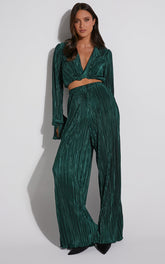 Aluna Two Piece Set - Plisse Twist Front Crop Top and Wide Leg Pants Set in Forest Green