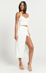 Bea Two Piece Set- Linen Halter Neck and Twist Front Midi Skirt Set in White
