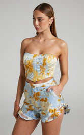 Brailey Shorts - Frill Hem Shorts in Blue & Yellow Jacquard