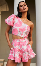 Brailey Two Piece Set - One Shoulder Puff Sleeve Top and Shorts Set in Light Pink Jacquard