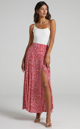 Break A Leg Wrap Thigh Split Maxi Skirt in Red Floral