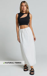Bree Midi Skirt - Tie Waist Linen Look A Line Skirt in White