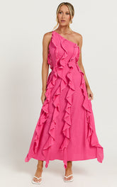 Britney Midi Linen Blend Dress - One Shoulder Ruffle Detail Dress in Pink