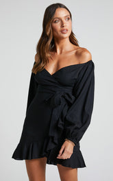 Cant Move On Off Shoulder Mini Linen Blend Dress in Black Linen Look