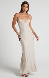 Cariela Maxi Dress - Plunge Neck Satin Dress in Champagne
