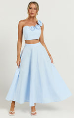 Claire Two Piece Set - One Shoulder Rosette Detail Crop Top And A Line Skirt Set in Powder Blue