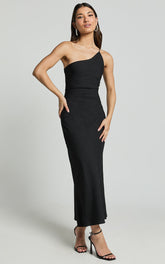 Devon Midi Dress - One Shoulder Slip Dress in Black
