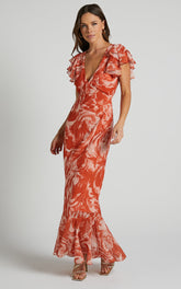 Dylana Midi Dress - V Neck Flutter Sleeve Dress in Rust Swirl