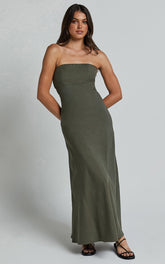 Elerie Maxi Linen Dress - Strapless Linen Dress in Olive