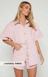 Elsa Two Piece Set - Oversized Button Through Short Sleeve Shirt High Waisted Shorts in Pale Pink