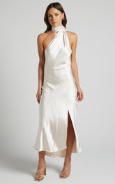 Evana Midi Dress - High Asymmetrical Neck Satin Slip Dress in Champagne