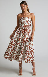 Evita Midi Dress - Ruched High Split Strapless Dress in Multi