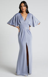 Gemalyn Maxi Dress - Angel Sleeve V Neck Split Dress in Sky Blue