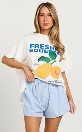 Gwen Two Piece Top and Shorts Set - Freshly Squeezed T-shirt Set in White/Blue