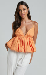 Merly Top - V Neck Bubble Hem Peplum in Tangerine