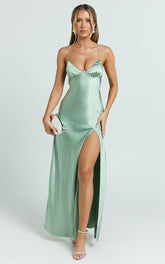 Heidi Maxi Dress - Satin Ruched Bust Tie Back Dress in Sage
