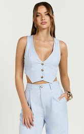 Izara Vest - V Neck Button Up Cropped Vest in Light Blue