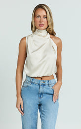 Jase Top - High Neck Scarf Top in Oyster