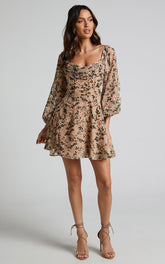Jessell Mini Dress - Long Sleeve Cowl Corset Dress in Beige Floral