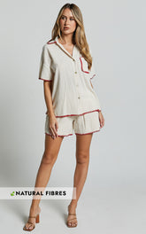 Josie Shirt - Linen Look Red Trim Pocket Detail Button Up Shirt in Cream & Red Print