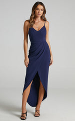 Lucky Day Midi Dress - V Neck Drape Dress in Navy