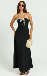 Lashara Midi Linen Blend Dress - Strapless Contrast Dress in Black
