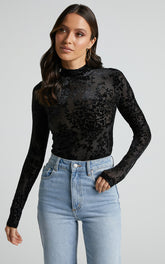 Laura Bodysuit - Longsleeve Velvet Burn Out Bodysuit in Black Floral
