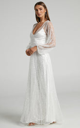 Leauna Bridal Gown - Sheer Long Sleeve Deep V Neck Embellished Tulle Gown in Ivory
