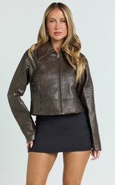 Lilibeth Jacket - Boxy Cropped Faux Leather Jacket in Brown