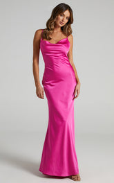 Lunaria Maxi Dress - Cowl Mermaid Slip Dress in Hot Pink Satin