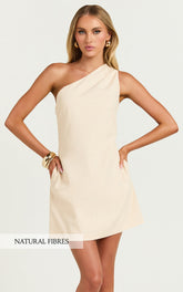 Mardelle Mini Dress - Linen One Shoulder Shift Dress in Neutral