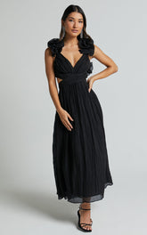 Marielly Midi Dress - Side Cut Out V Neck Ruffle Detail Sleeve Dress in Black