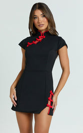 Nadia Mini Dress - Cap Sleeve Mandarin Collar Fitted Dress in Red