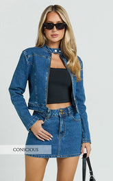 Pamela Mini Skirt - Low Rise Double Button Recycled Denim Skirt in Dark Blue Wash