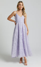 Philine Midi Dress - Jacquard Plunge Fit and Flare Dress in Lilac